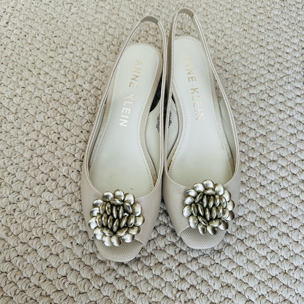 Anne Klein Cream/Champagne Slingback Low Heel with Beaded Accent
